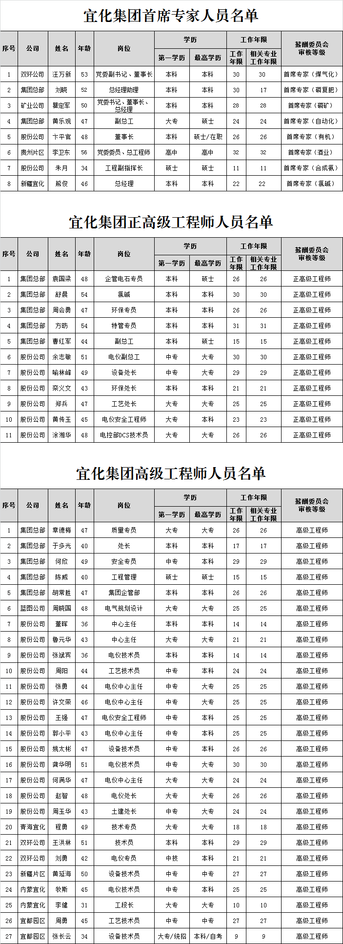 宜化集團首席專家、正高級工程師、高級工程師評審結果公示